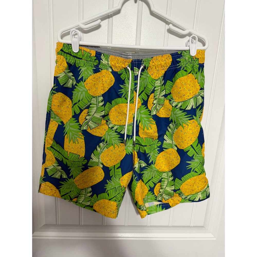 Lands' End Swim Trunks Men M Pineapple Tropical Print Navy Blue EUC